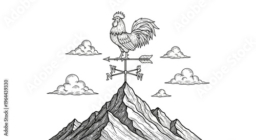 Rooster Weathervane Atop Mountain Peak Sketch.