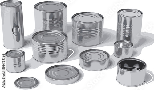 Canned goods vector collection, set of various blank metal tin cans for food packaging, isolated on white background