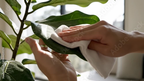 Close up of hands cleaning a fiddle leaf fig houseplant with a white cloth for plant care and maintenance