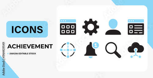 Editable stock icons for achievement and productivity on white background
