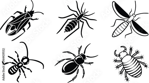 A comprehensive collection of black insect silhouettes and nature icons featuring a vector set of ants, bees, butterflies, and beetles designed as a seamless pest pattern illustration