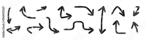Realistic brush effect arrow set. Vector isolated collection of curved and straight, wavy and bold indicator signs. Posters and typography direction and movement elements in grunge style