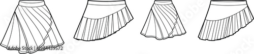 Women asymmetrical pleated skirt set, layered mini skirts with wrap design, front views fashion apparel templates – vector illustration