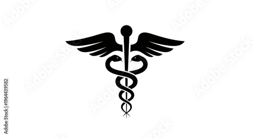 Black silhouette of a Caduceus medical symbol with wings and entwined snakes on an isolated white background, representing healthcare.