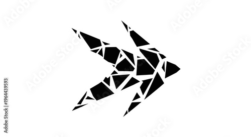 Abstract right-pointing arrow composed of shattered geometric polygonal shapes on an isolated white background, symbolizing progress.