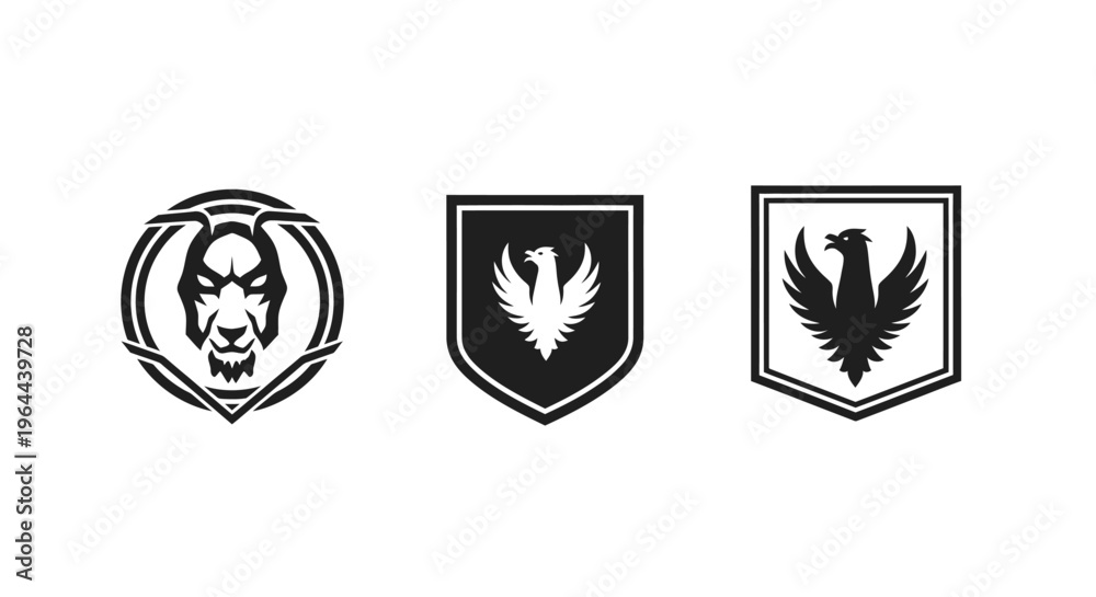 Obraz premium Two Heraldic Shield Emblems with Stylized Eagle or Phoenix, Isolated White Background