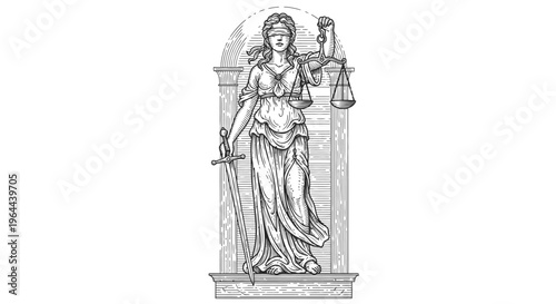 Detailed Lady Justice Statue with Scales and Sword Representing Law and Fairness, Isolated White Background