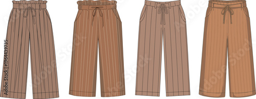 Wide leg pants technical drawing set, front and back views, high waist tie detail, casual fashion apparel design – vector illustration