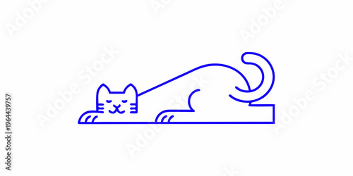 A simple blue line drawing depicts a relaxed reclining cat