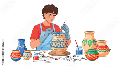 Artisan and Artistry: A skilled artisan meticulously paints intricate designs onto a ceramic vessel, surrounded by various pottery pieces, a testament to the timeless craft and artistic skill.