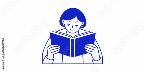 A woman with short hair intently reads an open book in blue