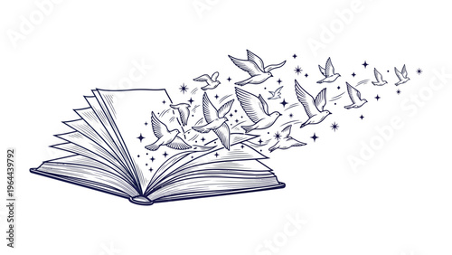 Story Unfolds: An open book springs to life as soaring birds emerge, symbolizing imagination and limitless storytelling.