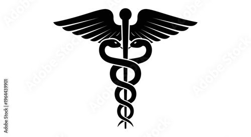 Black Caduceus Medical Symbol Icon on Isolated White Background