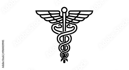 Caduceus medical symbol with two snakes and wings, isolated white background
