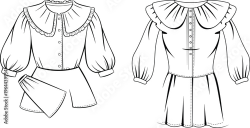 Women blouse and skirt set with ruffle collar, front and back views, vintage style fashion apparel design – vector illustration