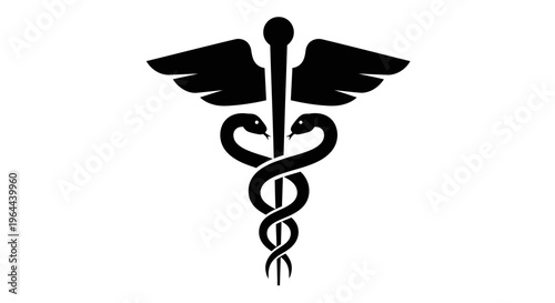 Black Caduceus Medical Symbol Icon on Isolated White Background
