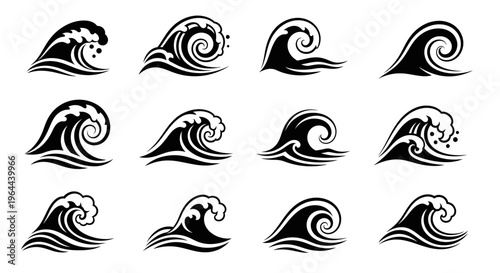 Set of Stylized Ocean Waves Vector Icons on Isolated White Background