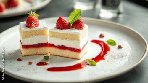 Dessert served on a plate with fresh strawberries and fruit sauce in a restaurant setting during midday