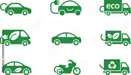 Green electric vehicle and delivery truck icons, outline and solid styles, vector symbols for plug-in cars, eco-friendly transportation, leaf signs, and recycling logistics.