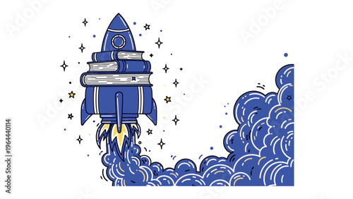 Fotografie Book Rocket Launch: A dynamic illustration depicting a rocket ship composed of stacked books, blasting off with vibrant flames and a trail of smoke, symbolizing the launch of knowledge