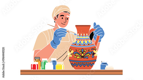 Artisan Crafting: A skilled artisan meticulously paints intricate designs onto a ceramic vase, embodying the art of craftsmanship and cultural heritage.