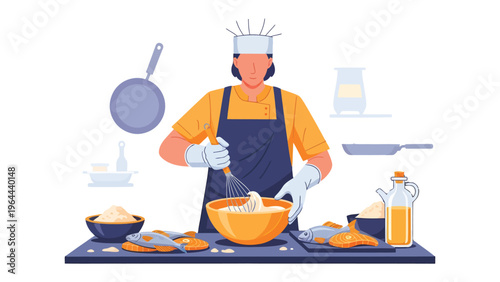 Chef's Culinary Creation: A chef meticulously whips batter in a bowl, surrounded by ingredients, ready to embark on a culinary journey. A blend of precision, care.