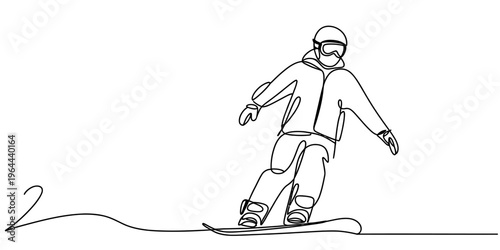 A continuous line drawing depicting a person actively snowboarding on a smooth and snowy mountain