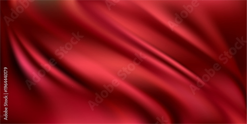 Elegant red silky material with crumples and waves. Vector realistic background texture, wavy surface of drapes or curtain, tablecloth or tissue. Atelier textile with vintage look and fine quality