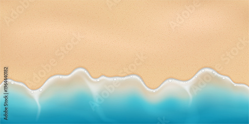 Aerial view of beach with sand and transparent sea waves with foamy edge. Vector realistic water and land landscape. Coastal landform. Summer seascape and vacation. Natural surface for design