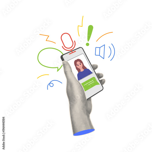 Hand holding smartphone displaying open chat or messaging screen. Vector halftone art with lines and speech bubbles, exclamation point and microphone sings. Online messaging or online conversations