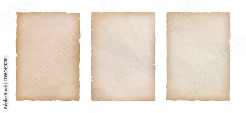 Blank torn old pages with creases and wrinkles surface. Vector isolated sheets of paper with historical or ancient document look. Empty manuscript or with crumpled and wrinkled texture effect