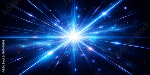 An abstract blue space background features a bright galaxy of glowing stars and shiny light rays bursting with energy like a disco laser across the cosmos
