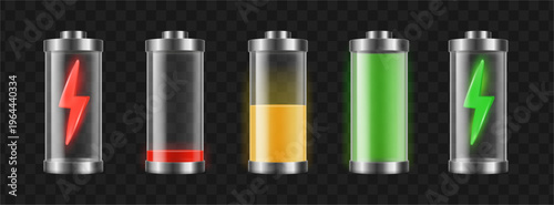 Set of realistic battery level icons. Vector charging stages with glowing lightning symbols, metallic casing and energy colors. Technology, mobile and app interface. Power or charging indicators
