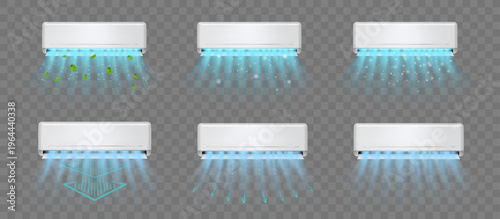 Air conditioner with fresh cold air wind, isolated set of home electric appliances. Vector realistic purifier conditioning effect for house. Cooling and chilling temperature, climate control