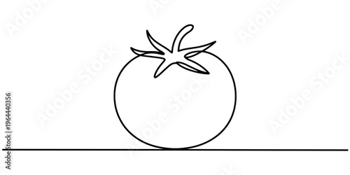 A minimalist single line drawing of a ripe tomato sitting on a flat surface in black and white.