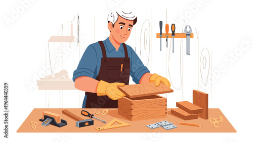Craftsman's Workshop: An artisan meticulously assembles a wooden box in a well-lit workshop, showcasing the beauty of craftsmanship and dedication to detail.