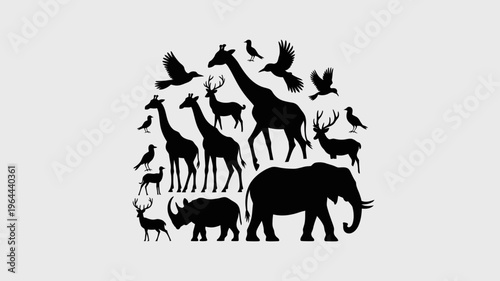 African Savanna Landscape Vector Silhouette – Seamless Horizontal Wildlife Scene with Elephants, Giraffes, Lion in Animals savannah
