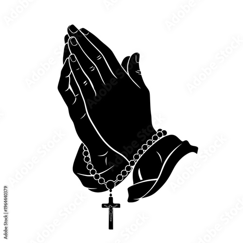 Black and White Silhouette of Praying Hands With Rosary Beads