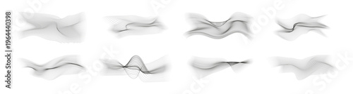 Abstract flowing particles set. Vector halftone wave in monochrome style. Collection of dot structures. Electronic music cover and digital technology, presentation or futuristic interface background