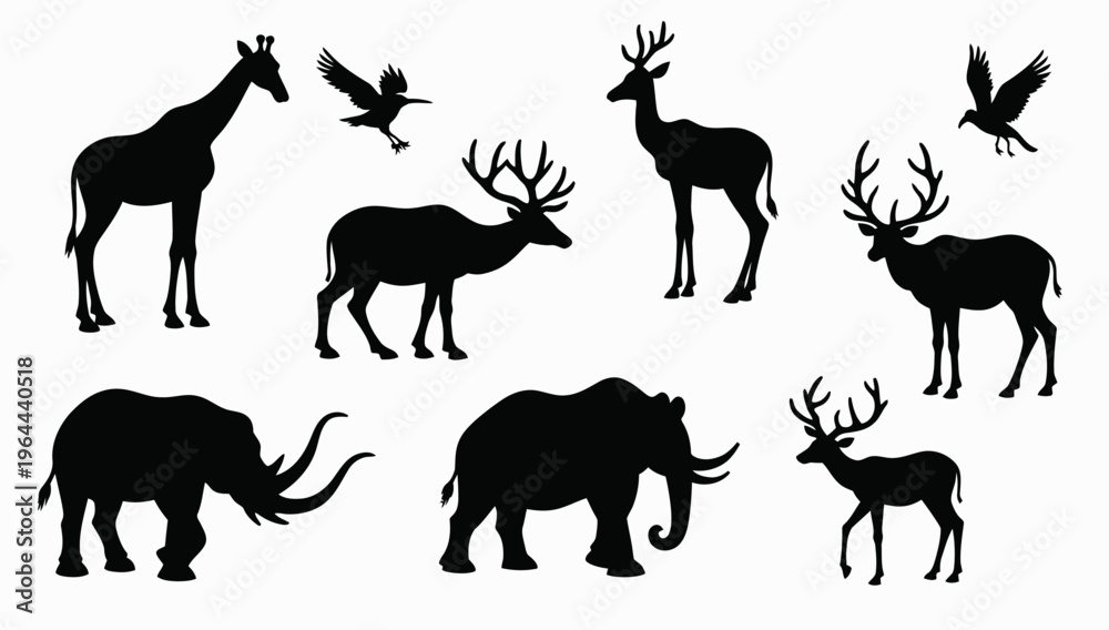 Fototapeta premium African Savanna Landscape Vector Silhouette – Seamless Horizontal Wildlife Scene with Elephants, Giraffes, Lion in Animals savannah