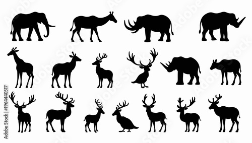 African Savanna Landscape Vector Silhouette – Seamless Horizontal Wildlife Scene with Elephants, Giraffes, Lion in Animals savannah
