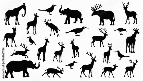 African Savanna Landscape Vector Silhouette – Seamless Horizontal Wildlife Scene with Elephants, Giraffes, Lion in Animals savannah
