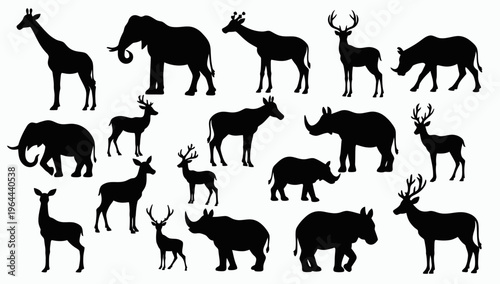 African Savanna Landscape Vector Silhouette – Seamless Horizontal Wildlife Scene with Elephants, Giraffes, Lion in Animals savannah
