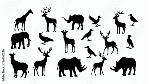 African Savanna Landscape Vector Silhouette – Seamless Horizontal Wildlife Scene with Elephants, Giraffes, Lion in Animals savannah
