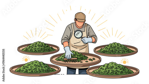Tea Processing and Quality Control: An illustration of a skilled artisan meticulously examining the quality of tea leaves during the processing stage.