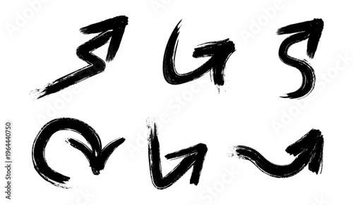 Brush hand painted arrows set in grunge style. Vector textured strokes, lines and ink design of pointers. DIY projects and typography decoration. Presentation graphics with handmade indicators