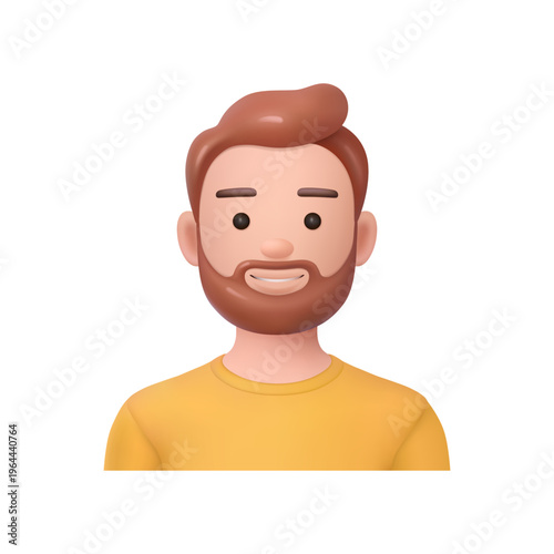 Bearded man portrait, positive male personage. Vector 3d style, isolated character, profile picture of young guy. Social media profile picture or avatar, personalized emoji or emoticon