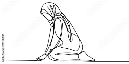A single continuous line drawing of a woman in a hijab kneeling down in a peaceful prayer pose