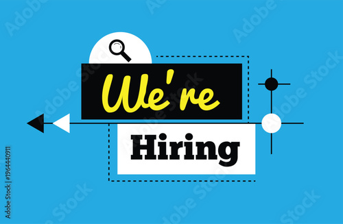 We Are Hiring Abstract Banner on Blue with Magnifying Glass. Graphic design elements, business and employment at a company vector art