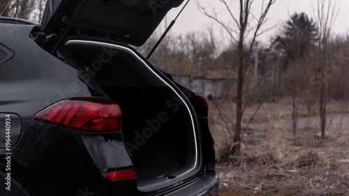 Obraz na plátně open trunk of a black modern car in nature
